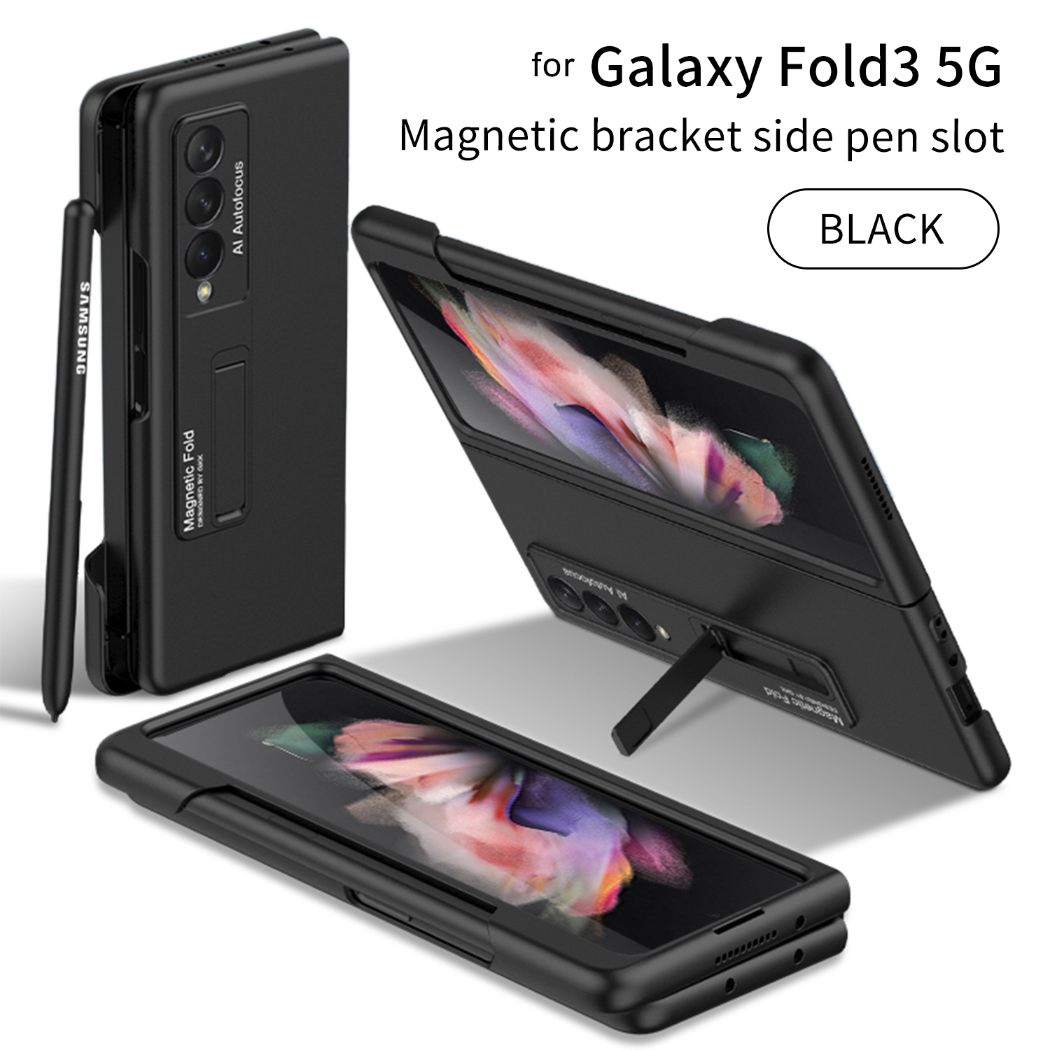 

Ultra Thin Phone Case Pen Holder Bracket Armor Fold3 Protective Cover for Samsung Galaxy Z Fold 3 5G Cases Side Slot S, Green case with pen