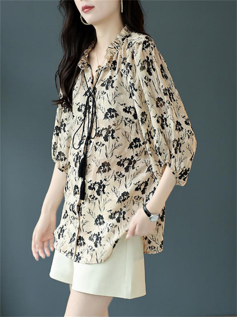 

Women's Blouses & Shirts Women Spring Summer Lady Fashion Casual Half Sleeve Ruffles Collar Retro Printing Blusas Tops2424Women's, Khaki