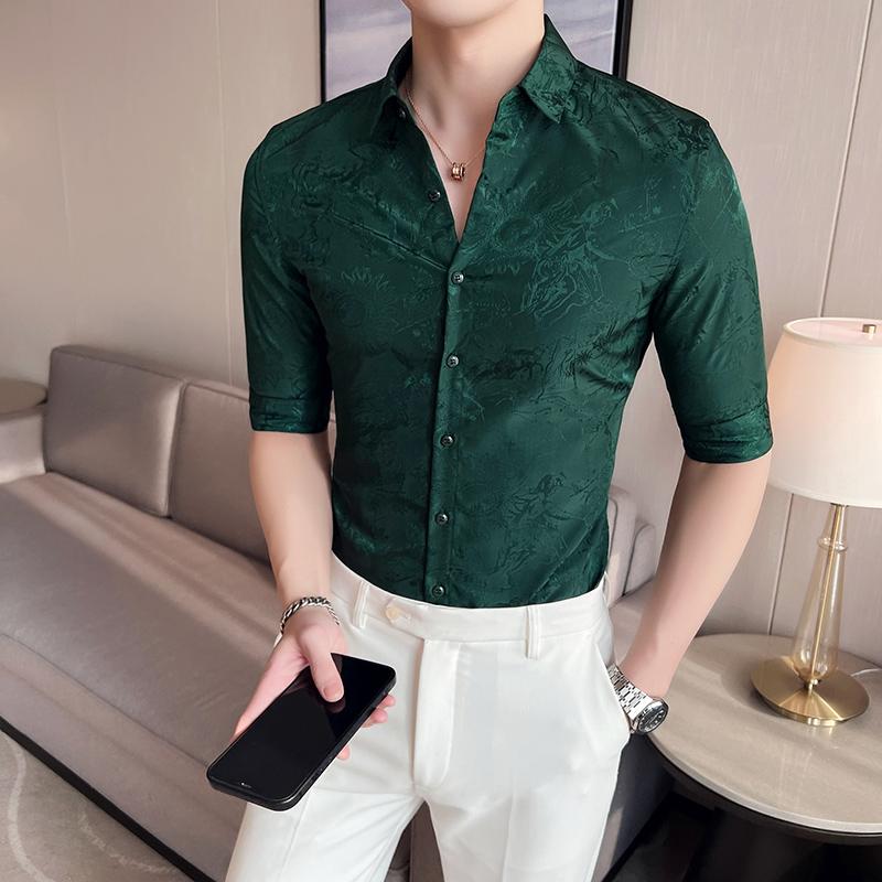 

Men's Casual Shirts Mens Fashion Printed Shirt Dress Men Clothing Chemise Homme Slim Fit Half Sleeve Tuxedo Blouses Plus Size 4XL-MMen's, Black