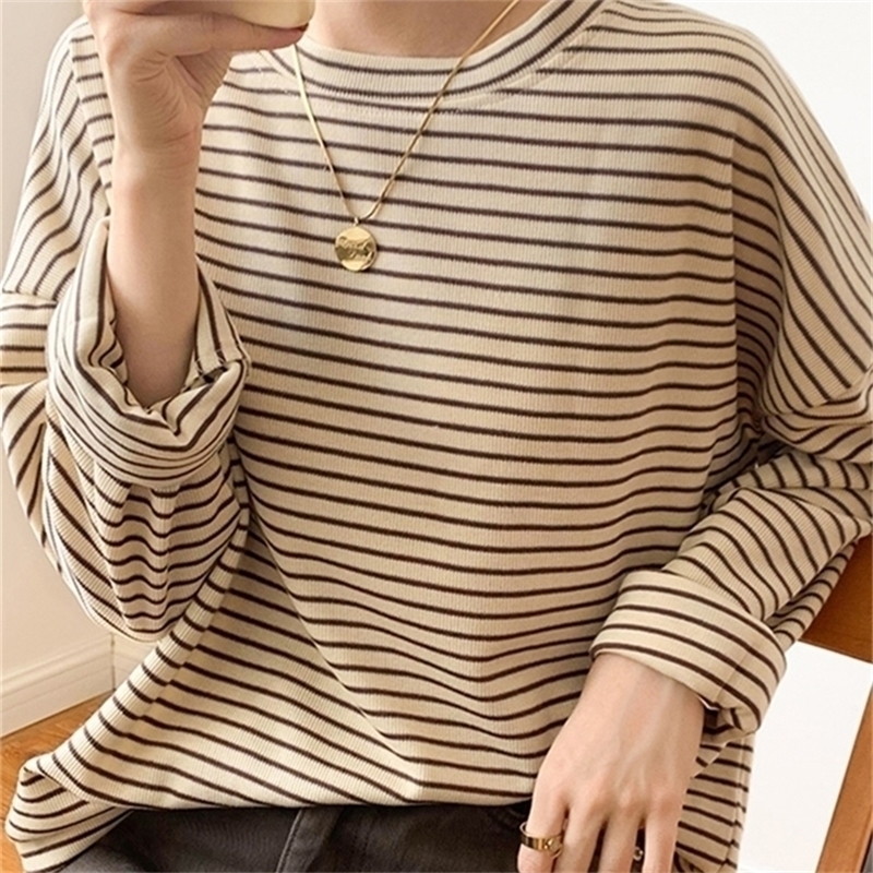 

Jielur wiosna klasyczne kolor paski damskie tshirty nowy ONeck koszule na co kobiet topy z dzianiny 220811, Coffee
