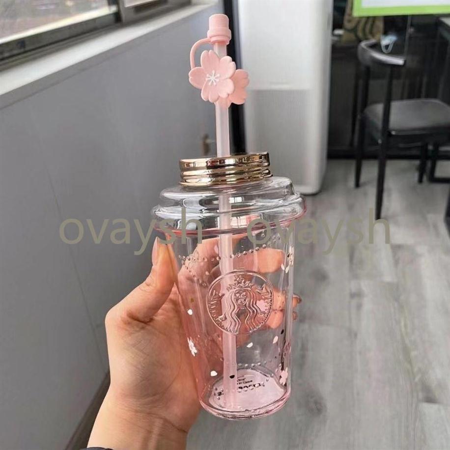 

473ML Large Capacity Limited Edition Starbucks Mug Gradient Cherry Blossom Glass Original Cup with Cute Straw279F, Pink