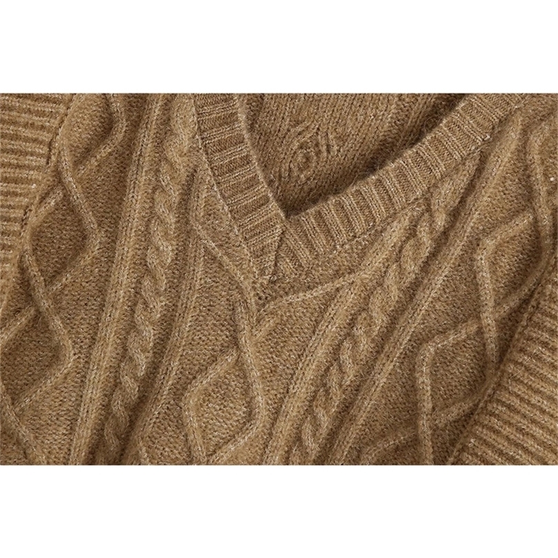 

Fall Winter Women Cable-Knit Vest Sweater V-neck waistcoat Ruffle trim Women Pullover Warm Knitted Tank Tops 201203, Camel
