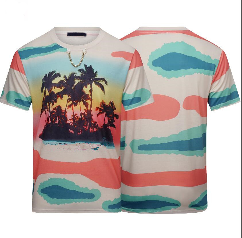Europe Mens Letter Print Tshirts Luxury Womens Sunset Coconut Tree Print Chain Designer T-shirt