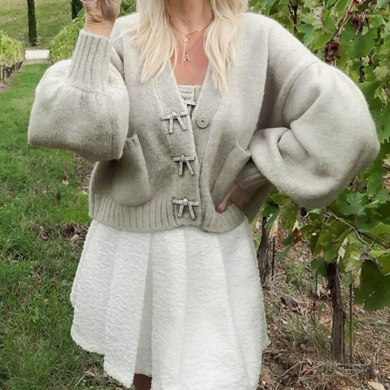 

Women' Knits & Tees Women' Casual Sweater V-neck Lantern Sleeves Fashion Bow Button Knitted Cardigan Women Autumn And Winter SweaterWo, Khaki