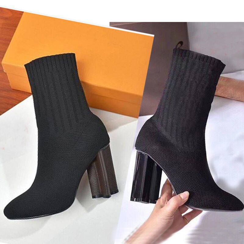 

autumn winter socks heeled heel boots fashion sexy Knitted elastic boot designer Alphabetic women shoes lady Letter Thick high heels Large, Style 3 black