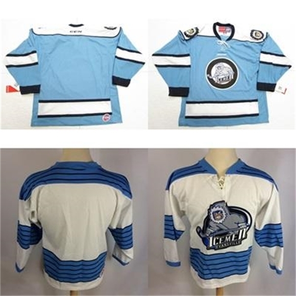 

C26 Nik1 2017 New Mens Womens Kids Customize ECHL Evansville Icemen 100% Embroidery Blue White Custom Any name Any NO.Cheap Hockey Jerseys Goalit Cut