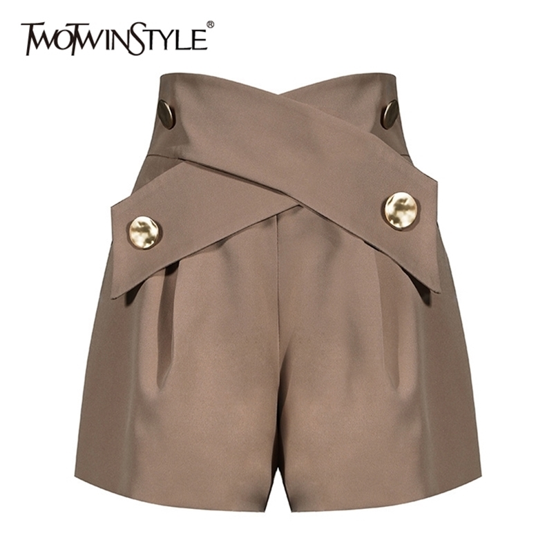 

TWOTWINSTYLE Elegant Patchwork Women Shorts High Waist Asymmteircal Hit Color Loose Short Pants For Female Clothes Fashion 220419, Khaki