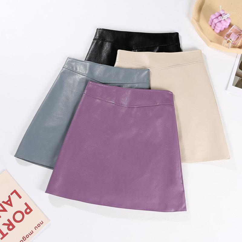 

Skirts Simple Matte Leather Skirt Short 2022 Korean Women's Autumn High-waisted Thin A-line Ropa Mujer Sexy Mini, Black