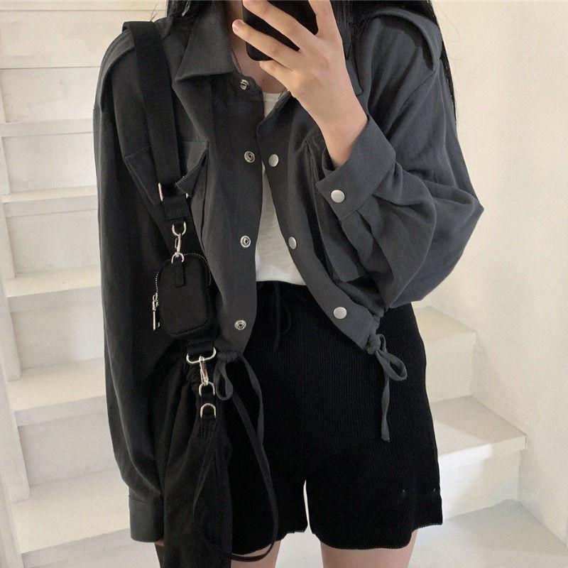 

Women' Jackets Basic Women Spring Cropped Cargo Outwear Korean Style All-match Tunic Lapel Streetwear Punk Girl Pockets Fashion Lace-upWome, Khaki 8977