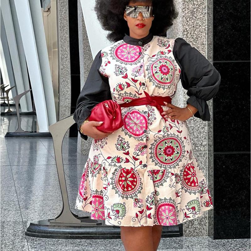 

Plus Size Dresses Women's Long Sleeve Printed Waistband Mid Length Skirt Patchwork Contrast DressPlus, As pic