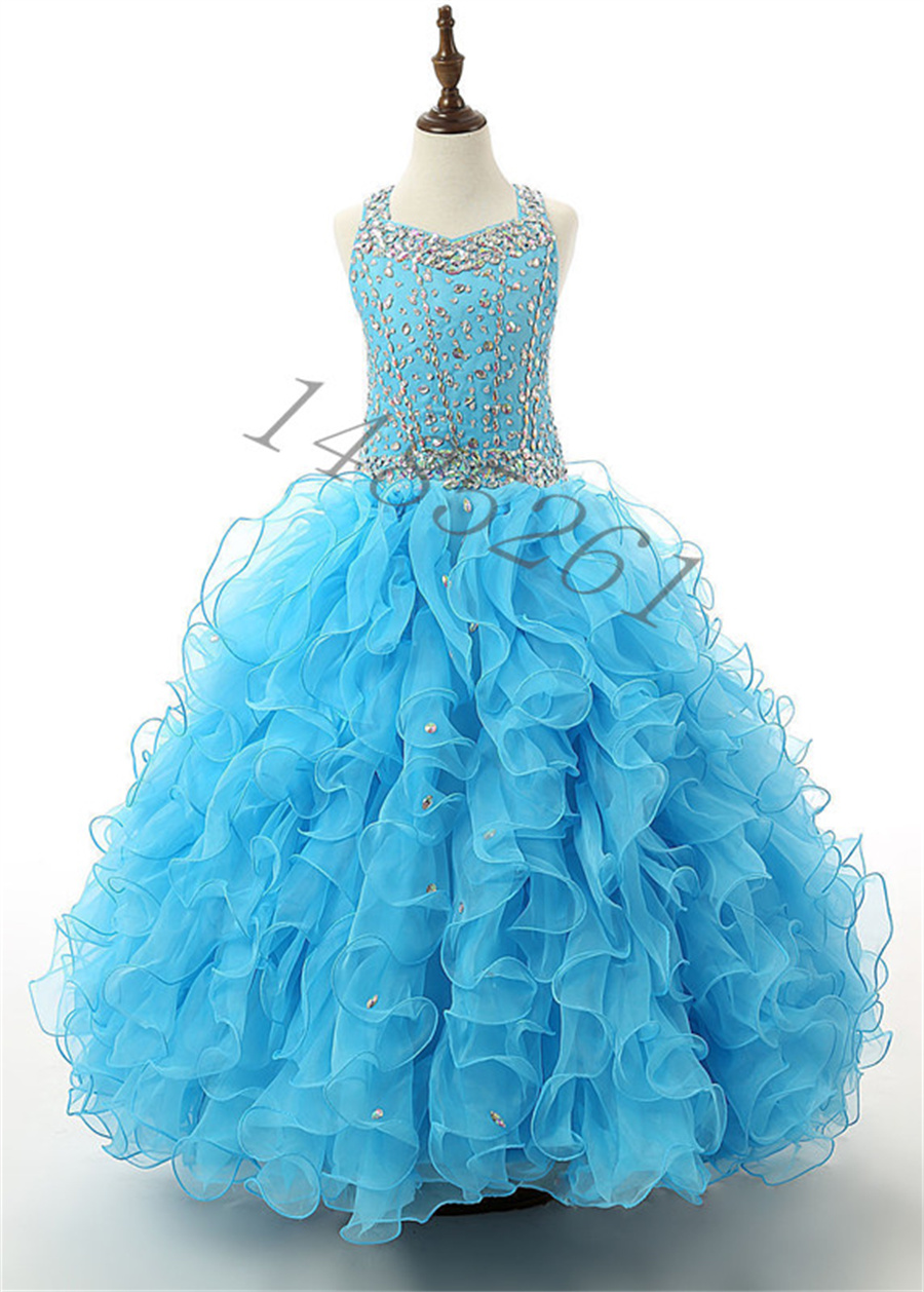 

Wholesale Crystals Beaded Pageant Dresses For Teens Ball Gown Halter Puffy Ruffles Royal Blue Skirt Little Girls Pageant Gowns free Gift Hoops Petticoat, Light sky blue