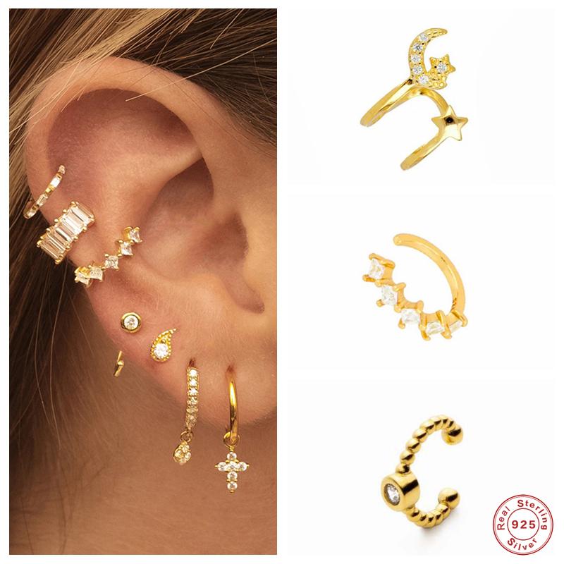 

Clip-on & Screw Back Aide 925 Sterling Silver Gold Zircon Circle Ear Cuff For Women Non Piercing Star Moon Clip Earrings Earcuff Party Jewel