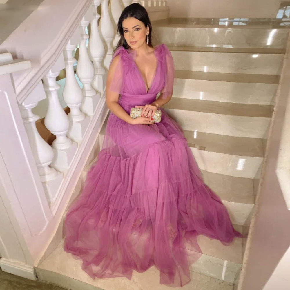 

Simple Tiered Tulle Long Prom Dresses V-neck Formal Evening Gowns Backless Party Custom Made, Champagne