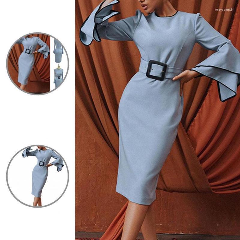 

Casual Dresses Soft Charming Flare Sleeve Women Sashes Dress Comfy Bodycon Slim For Daily Wear, Blue