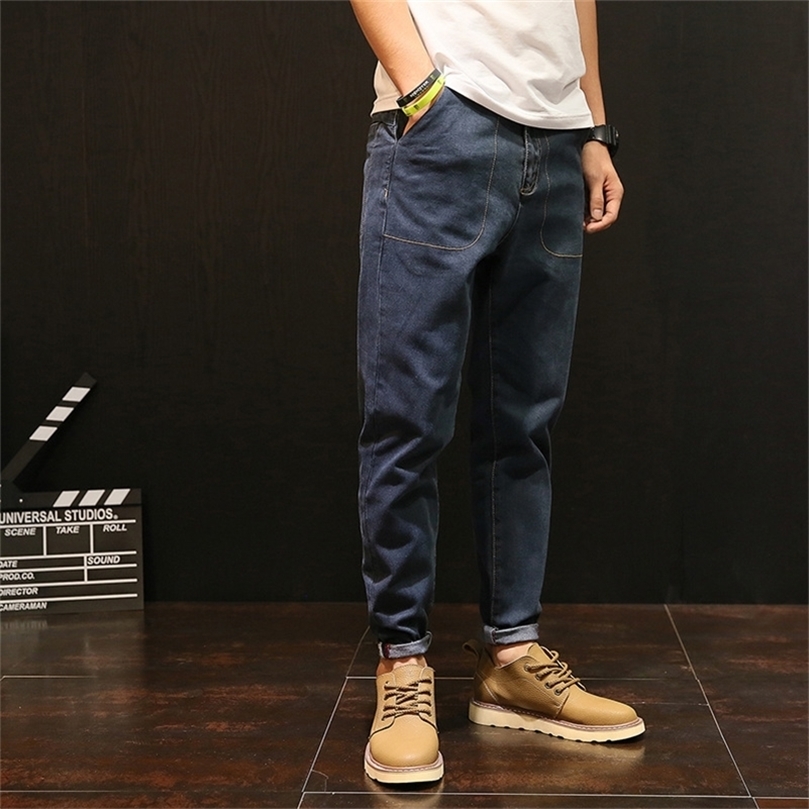 

Plus Size Vintage Solid Color Ankle-Length Jeans Man Cuffs Plus Size Blue Denim Pants Mens Trousers Male Clothes RMP175032 201128, Black