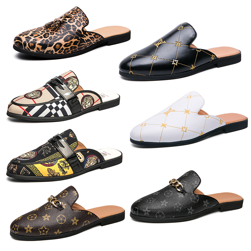 

High Quality Men Luxury Brand Designer Slippers Horsebit Metal Buckle Leopard Print Genuine Leather Mules Black Brown Flip Flops Mens Casual Lazy Shoes, Extra payment