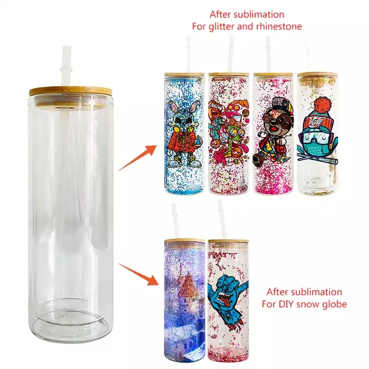 

USA warehouse 20oz double walled glass tumbler straight pre-drilled snow globe mugs for sublimation and glitter Cups, 24oz