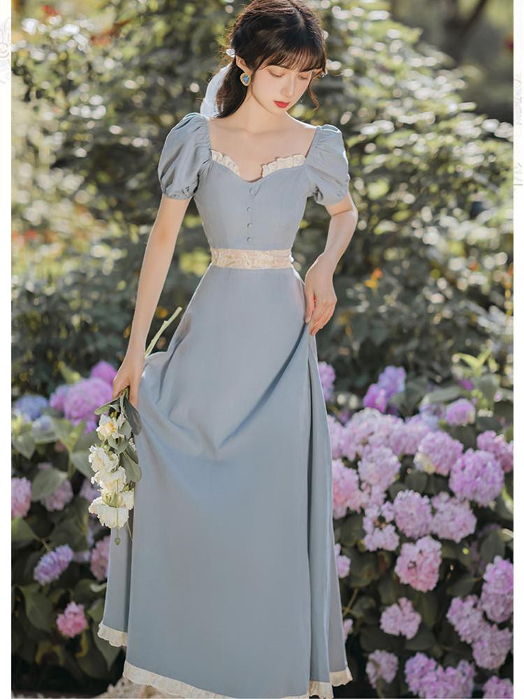 

Casual Dresses French Puff Sleeve Court Style Blue Princess Dress Women Summer Short Fairy Retro Ladies Elegant Midi DressCasual CasualCasua