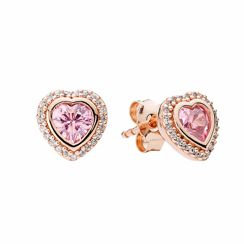 Pink Diamond Love Heart Stud Earrings Original Box set 18K Rose Gold Women Wedding designer jewelry Real Sterling Silver Earrings High Quality