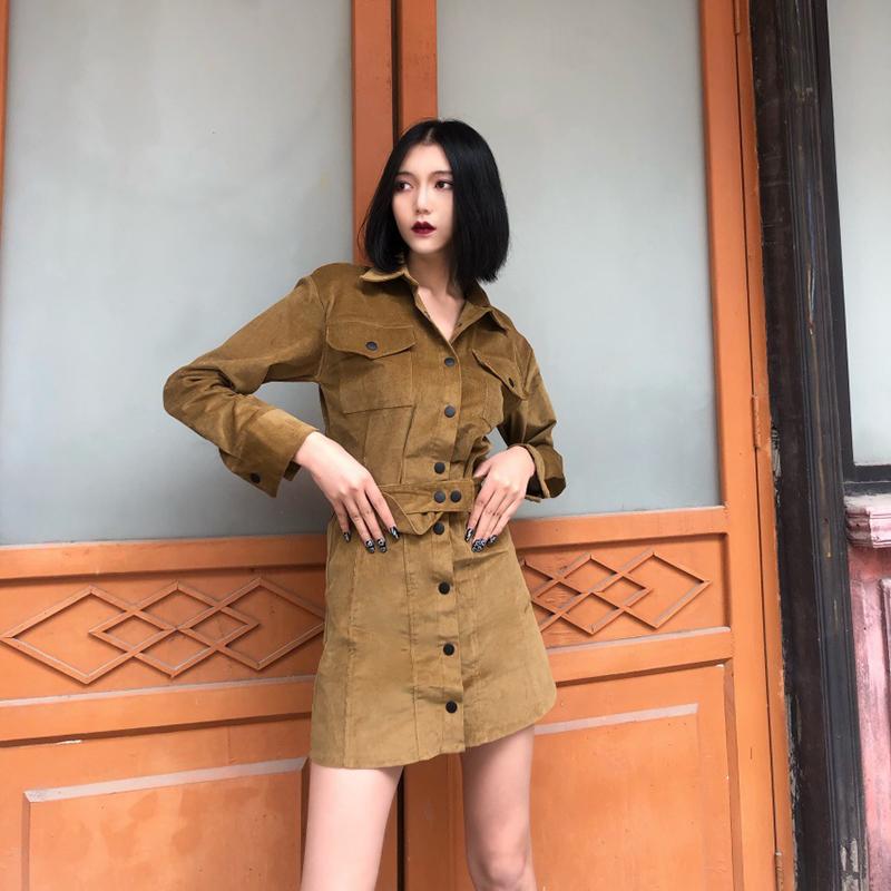 

Casual Dresses Moarcho Turn-Down Collar Single-Breasted Corduroy Female Clothing Autumn Belt Pocket Tooling Style For Women 2022, Black;gray