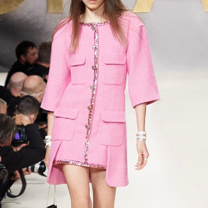 

Casual Dresses Brand Design Pink Tuxedo Coat Dress Sequin Woven Spring / Summer 2022 Bandage Cheongsam Party CoatCasual, Fuchsia