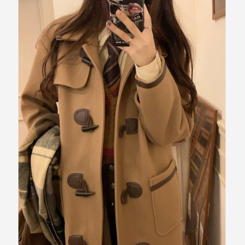 

Women' Wool & Blends Hstar Autumn Winter Women Clothing Japanese College Bull Horn Button Mid-long Coat Female Short Fashion Woolen