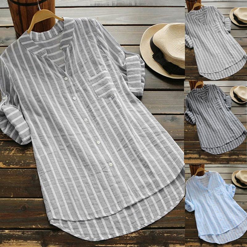 

Women' Blouses & Shirts Stripe Print Pocket Cotton Blouse Women Fashion Casual Plus Size V-Neck Loose Button Tunic Shirt Tops Summer Fall D, Gray