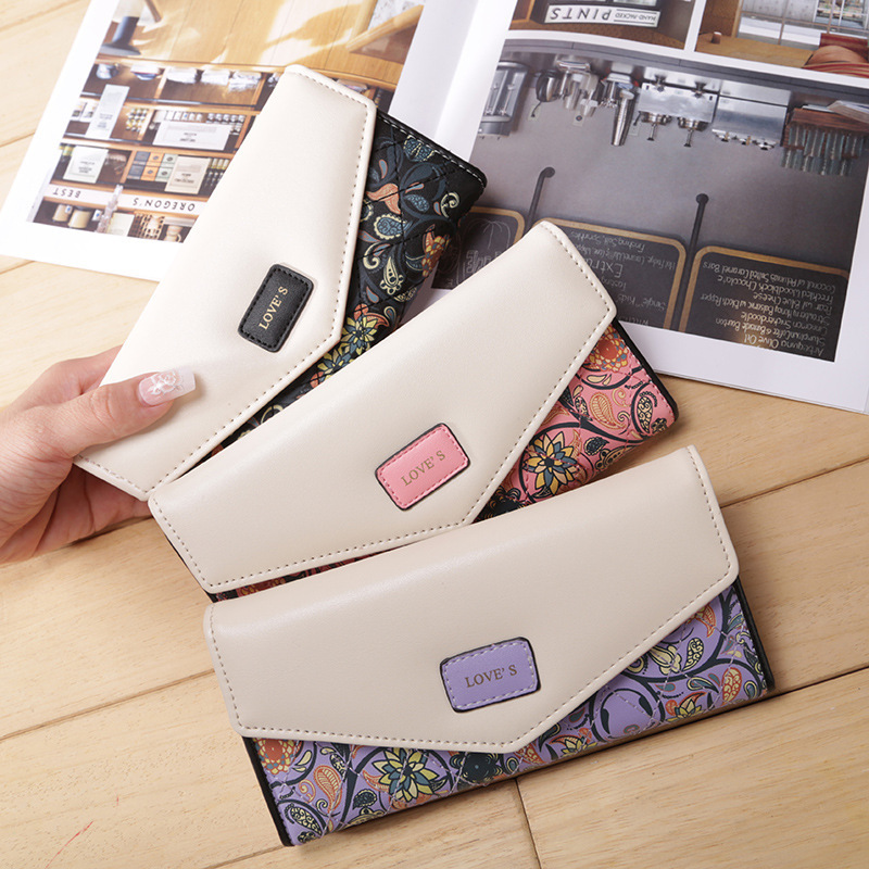 Popular Korean Women's Wallets Clip Long Wallets Clutch Bag Leather Bags PU Small Floral Rhombus Contrast Color Envelope Buckle
