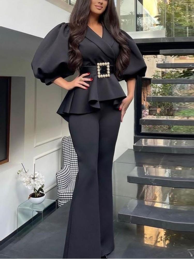 

Women' Two Piece Pants Women Black Outfits Puff Sleeve Notched Tops And High Waist Flare Set Elegant Business Office Party Event SuitsWomen