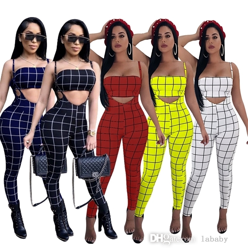 

Women 2 Piece Pants Sets Summer Designer Clothing 2022 Plaid Printed Crop Tops Overalls Suits Slim Sexy Sling Sportwear, Black