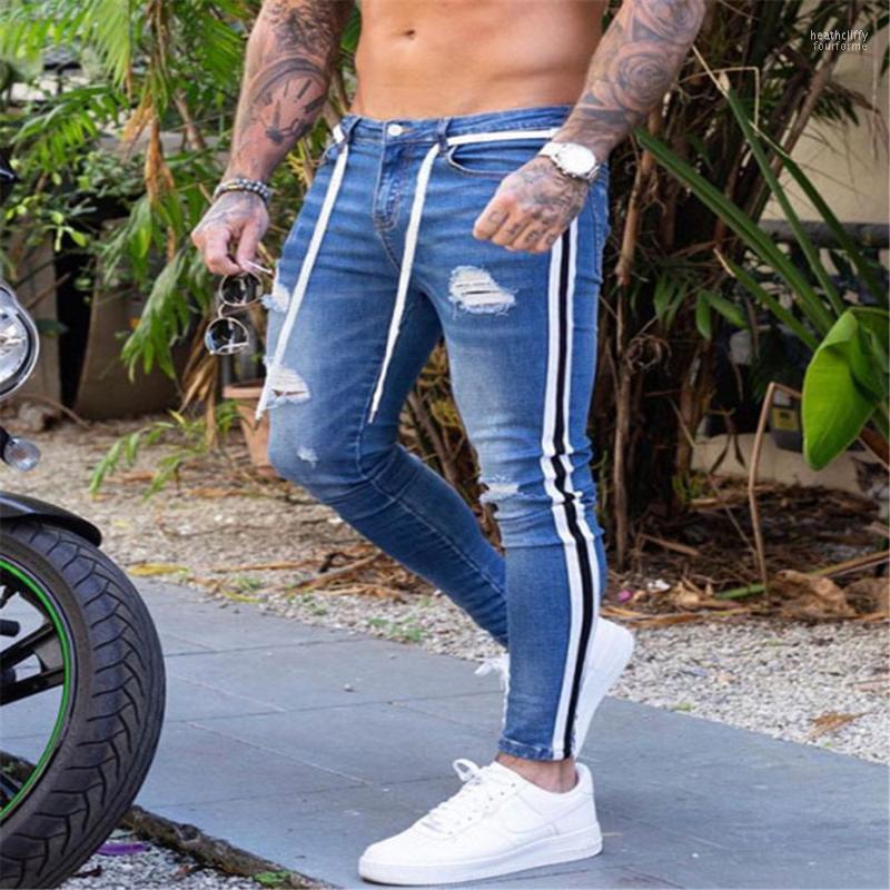 

Men' Jeans Men' Skinny Ripped Men Pants Pencil Biker Side Striped Destroyed Hole Hip Hop Slim Fit Man Stretchy Jean TrousersMen' Heat, Black-1921