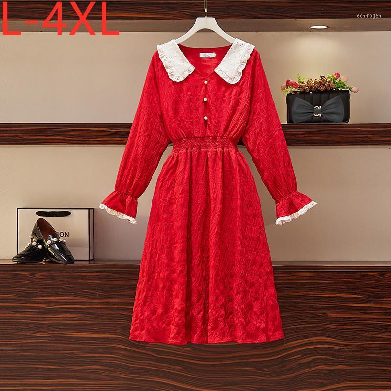 

Plus Size Dresses Fit Weight 50-100KG For Women 2022 Autumn Turn-down Collar Elastic Waist Oversized Red Dress  XL 2XL 3XL 4XL Echm22
