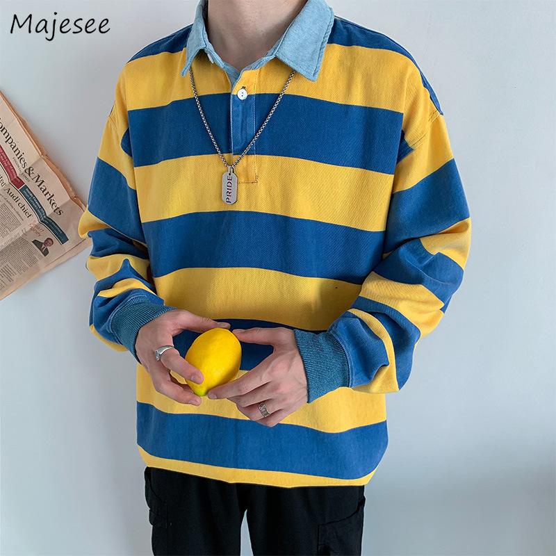 

Men's Hoodies & Sweatshirts Oversized M-3XL Men No Hat Striped Design Turn-down Collar Fashion Students Harajuku Korean Style Streetwear Loo, Blue