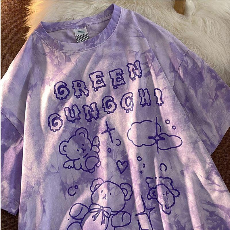 

Women' T-Shirt Summer Style Tie-dye Bear Y2k Women Harajuku Large Size Loose Vintage Fashion Kawaii Tees Ulzzang Clothing, Blue