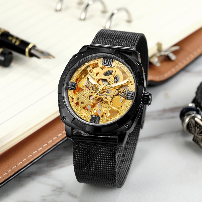 

Wristwatches Forsining Watches Mens Leisure Steel Belt Double Bottom Hollow Automatic Mechanical Watch Wrist WatchWristwatches, Gold