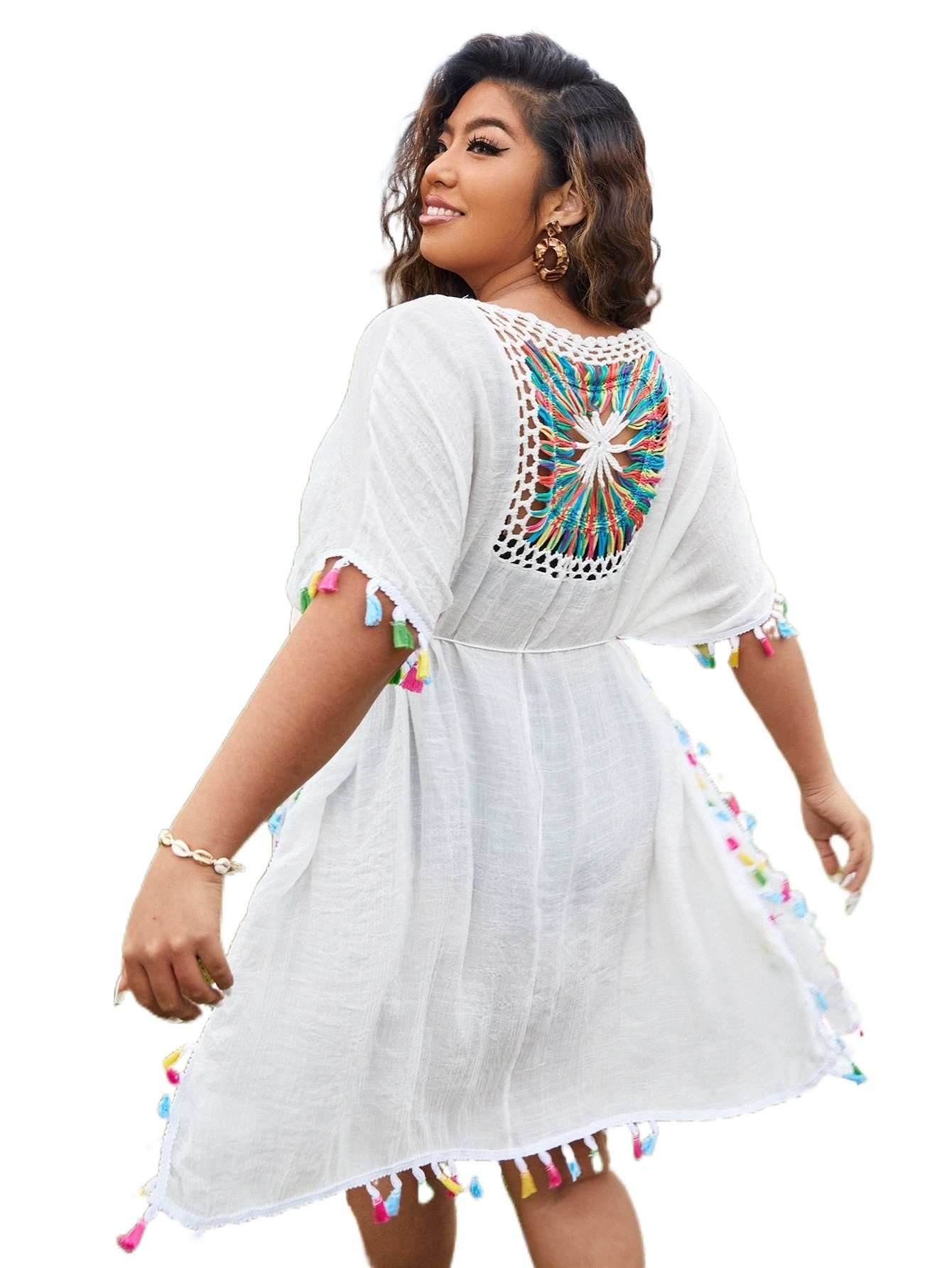 

plus Tassel Crochet Cover Up w7dc#, White
