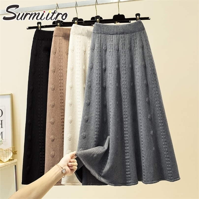 

SURMIITRO Fashion Autumn Winter Knitted Jacquard Midi Long Skirt Women Korean Style Mid-Length High Waist Female 220401, Black