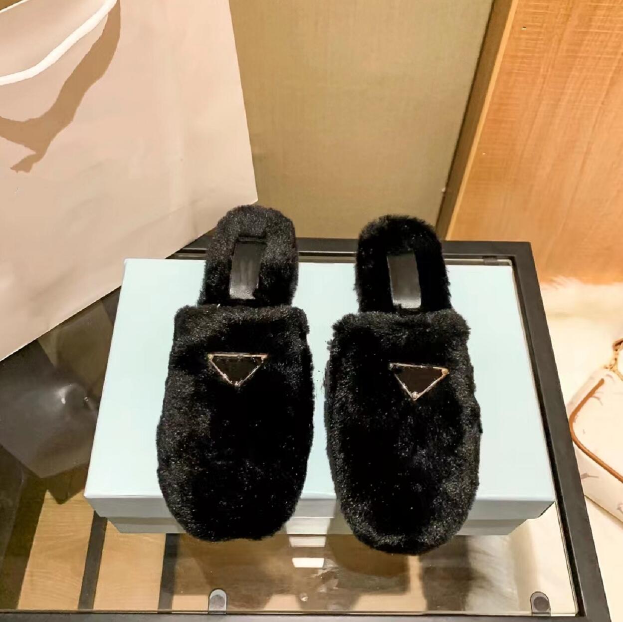 

Designer Women Winter Home Slippers Luxury Fuzzy Wool Flat Bottom Shoes Classic Triangle Shield Half Slippers Outdoor Leisure Sandals, Not for individual sale