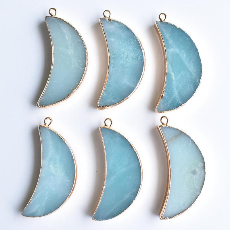 

Pendant Necklaces Wholesale 6pcs/lot Fashion Good Quality Natural Amazonite Stone Moon Shape Gold Side Pendants For Jewelry Making