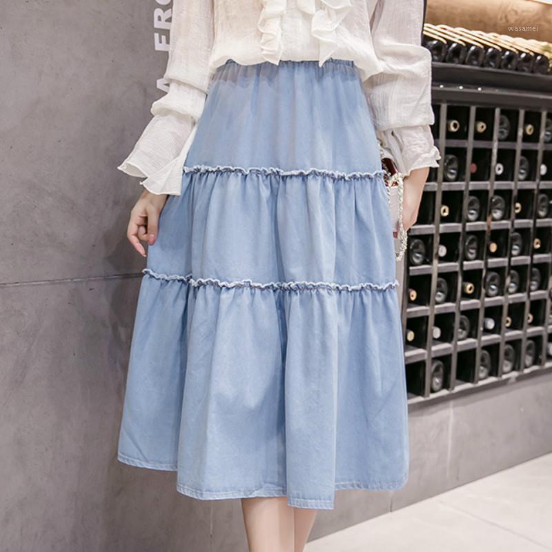 

Skirts Elastic Waist Patchwork Below Knee Big Hem Denim For Women  M L XL 2XL 3XL, Skirts light blue