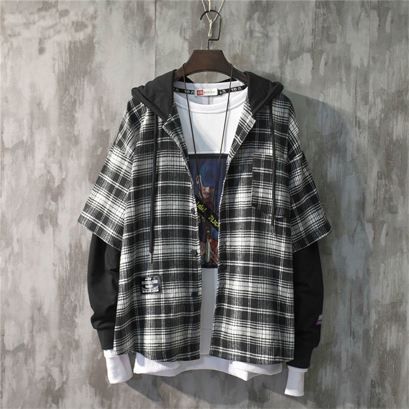 

Fashion Autumn Hooded Collar Plaid Stitching Sweatshirt Men Japanese Drawstring Loose Casual Hoodies 9A145 220727, Black