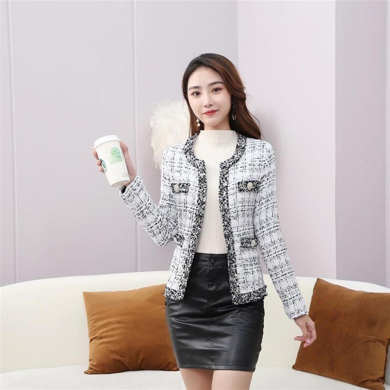 

Women' Jackets Cropped Tweed Coat For Women Vintage O-Neck Open Stitch Tassel Slim Plaid Jacket Korean Blends Wool Outwear Tops Female E203, Black