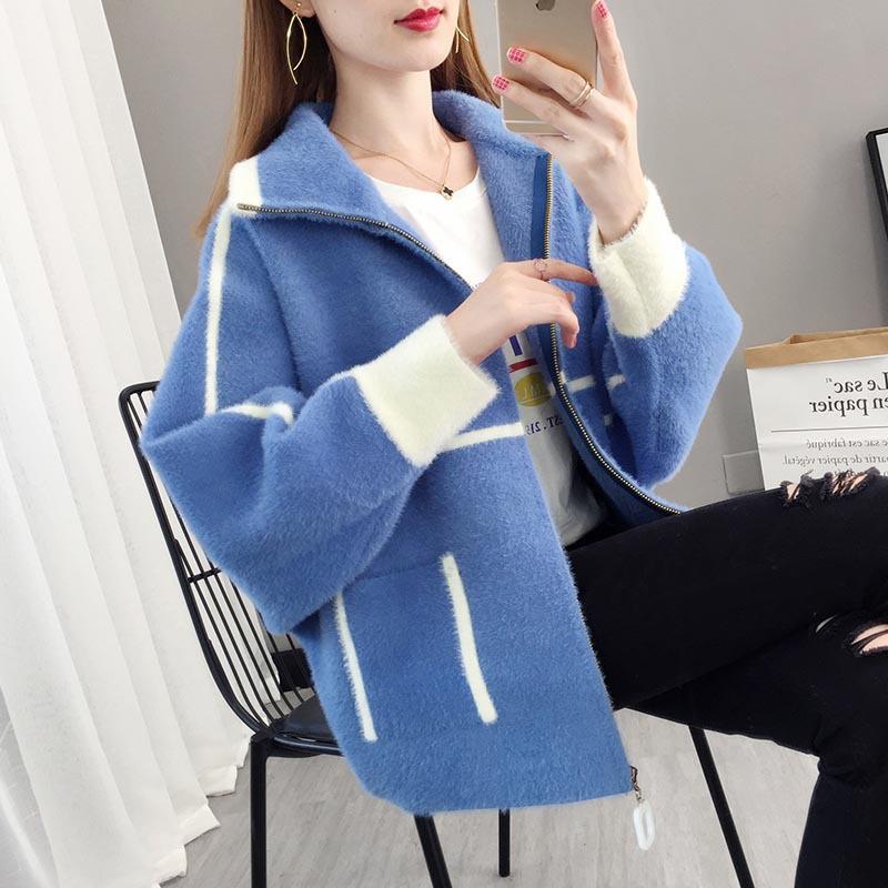 

Women's Knits & Tees Autumn Winter 2022 Women Short Jacket Imitate Mink Fleece Cardigan Sweater Female Korean Zipper Loose Knitted Coat B, White