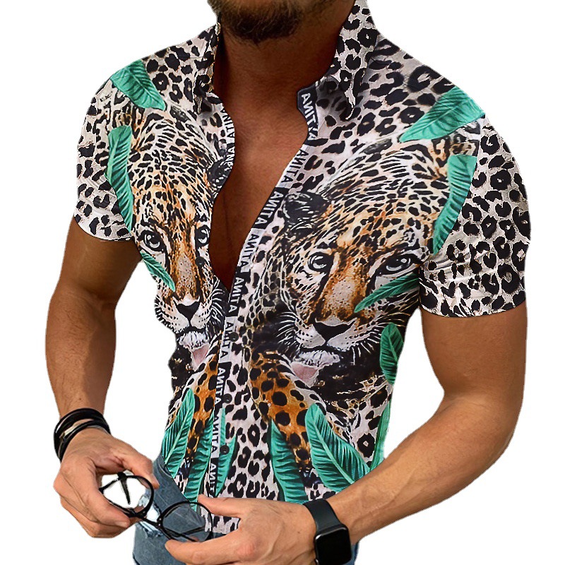 Hawaiian Mens Casual Summer Shirts Tiger Leopard Print Shirt High Fashion Man Short Sleeve Blouse Birthday Gift Roupas Small to 4X-Large top