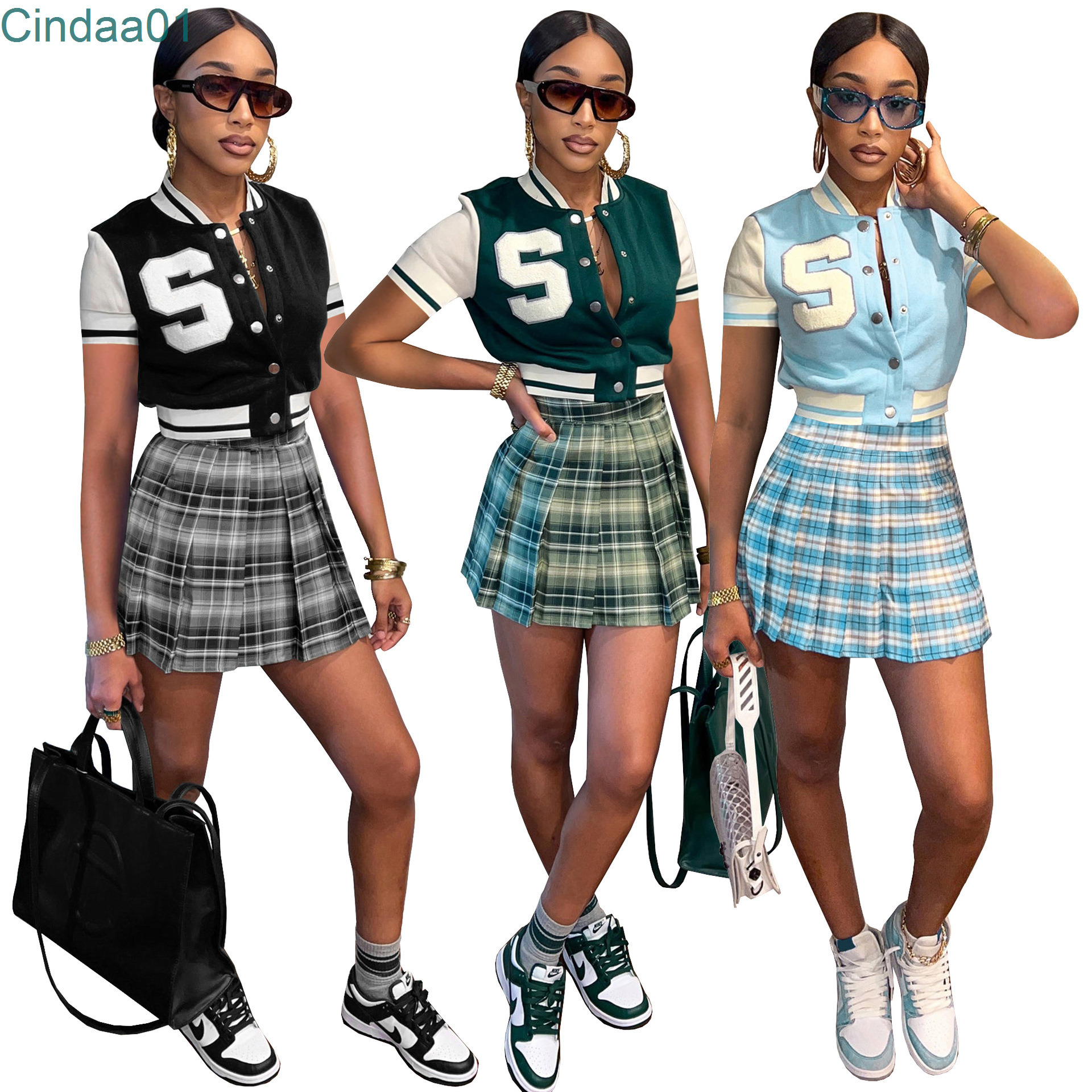

Womens Embroidered Short Sleeve Baseball Tracksuits 2022 Summer Plaid Printed Skirt Set Fashion Two Piece Sportwear, Black