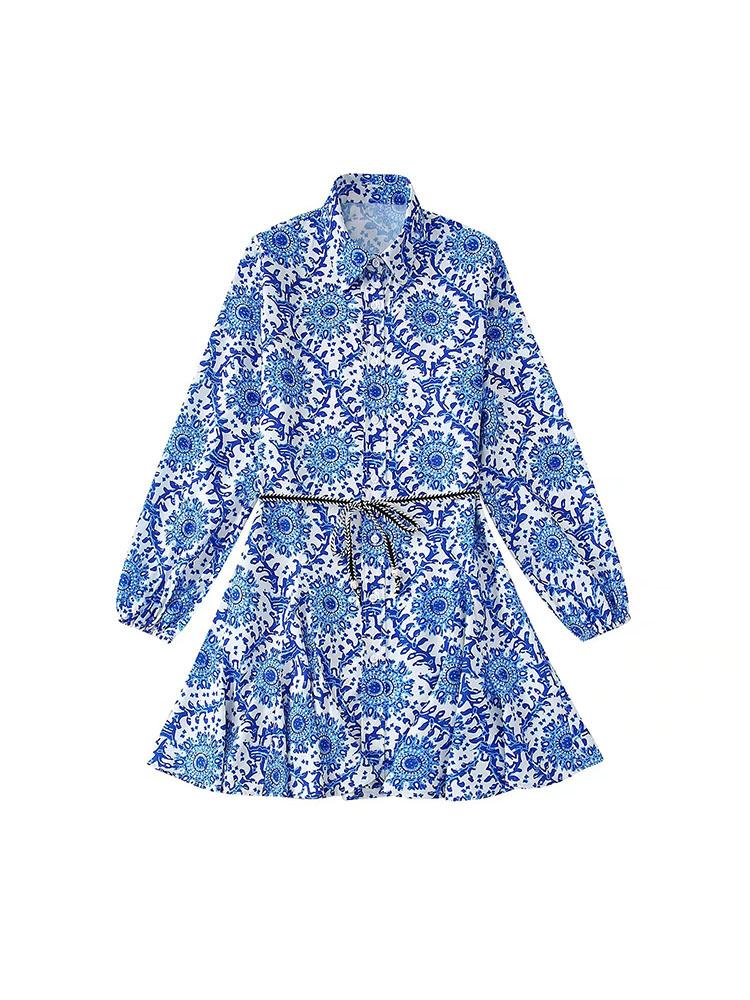 

Casual Dresses Women's Summer 2022 Fashion Chic Print Dress Retro Lapel Slim Belt With Long Sleeve Shirt Style Single Breasted MiniCasua, Multi