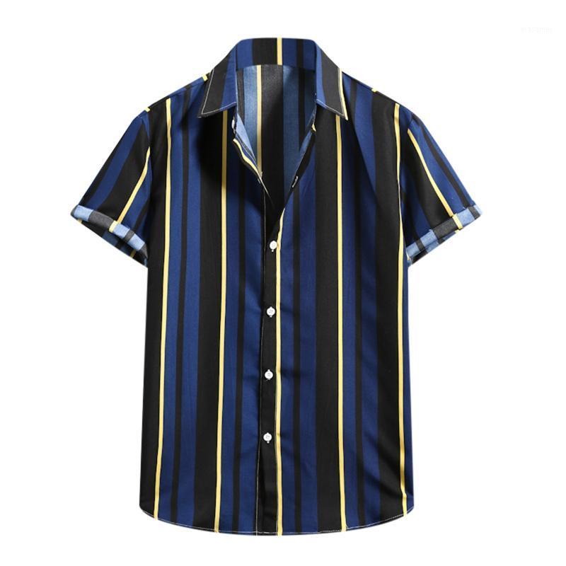 

Men' Casual Shirts Summer Striped Printed Shirt Men Short Sleeve Lapel Hawaiian Tropical Baggy Blouse Vacation Beach Chemise Homme, Blue