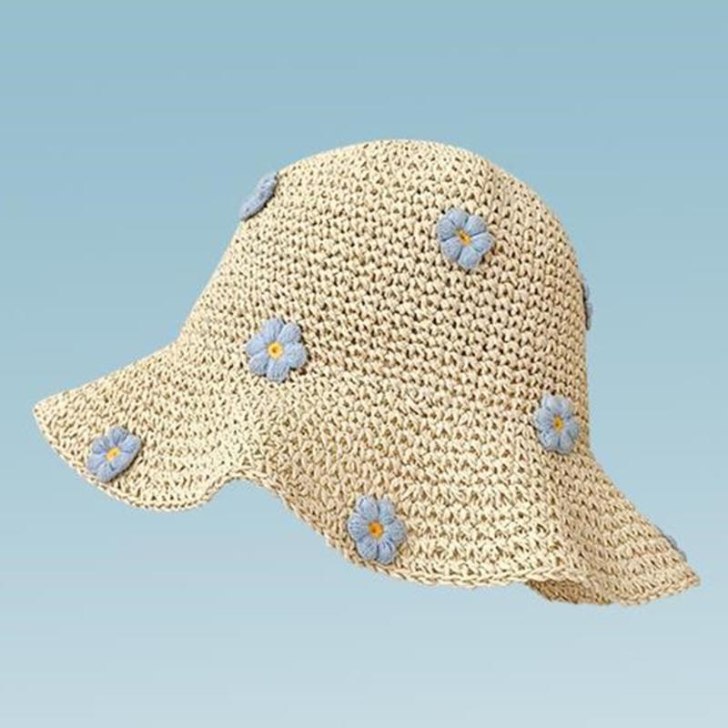 

Wide Brim Hats Cap Female Golf Sun Visor Luxury Hat Women Hiking Straw Sunshade Handmade Flowers Visors For WomenWide, Sky blue