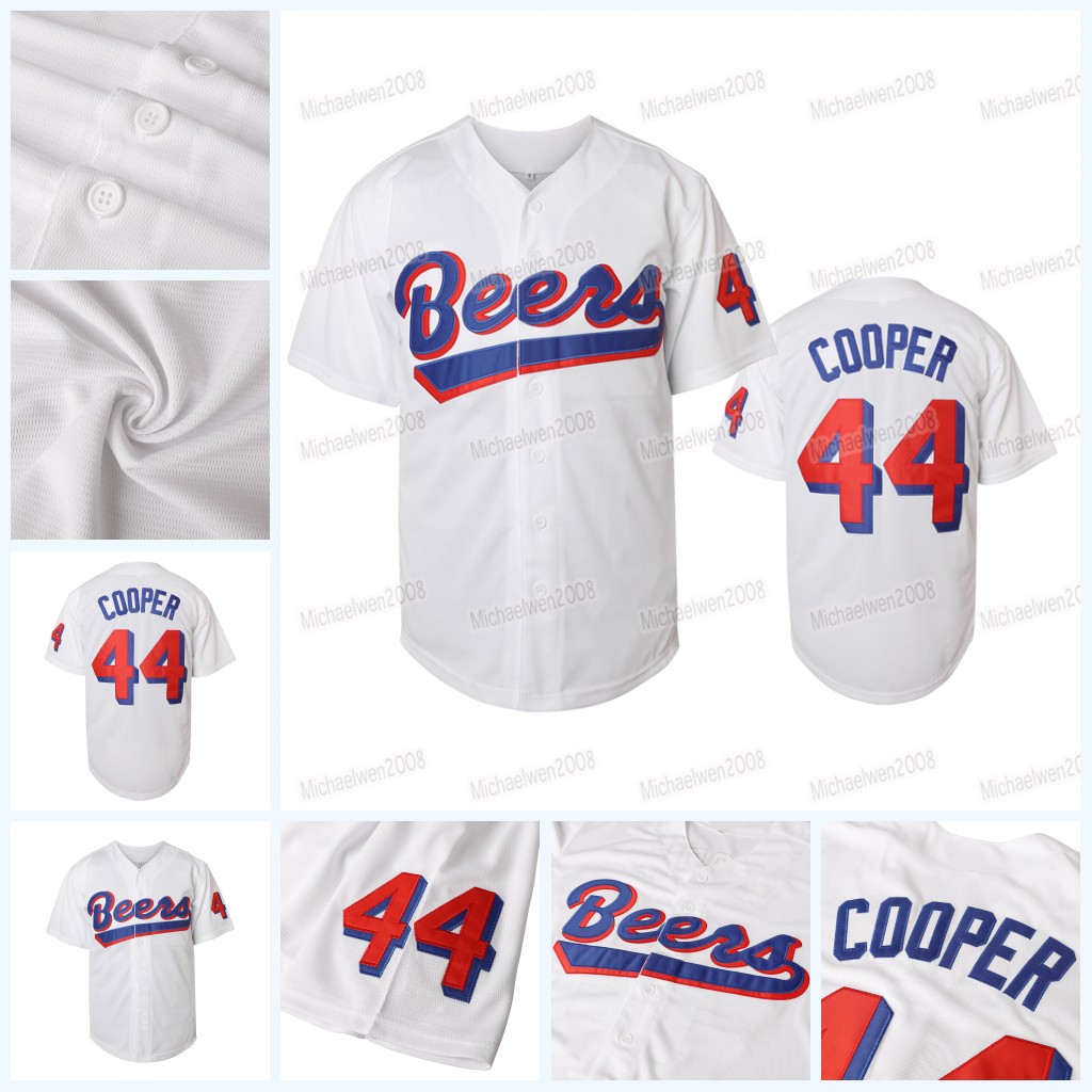 

Men Joe Coop Cooper #44 Baseball BEERS Movie Jersey Button Down White 100% Double Stitched Embroidery Baseball Jerseys, As picture