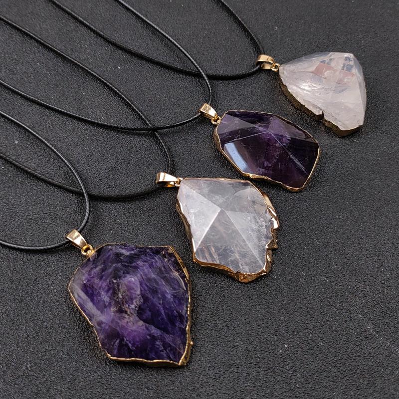 

Pendant Necklaces Natural Amethyst Rose Crystal Stone Pyramid Shape Gemstone Healing Crystals Quartz Gold Tone Wrapped Necklace JewelryPenda